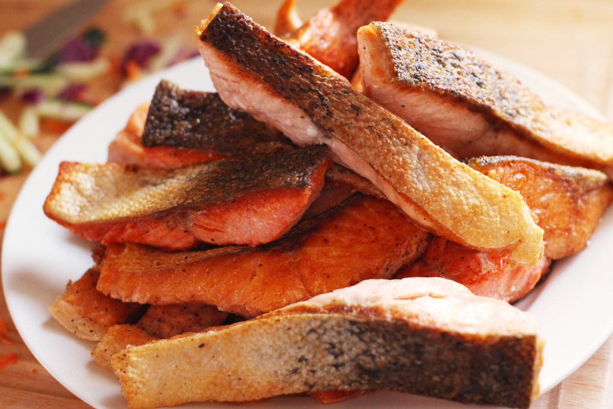 Cooked salmon strips.
